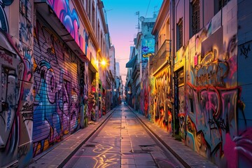 Naklejka premium Twilight Harmony in an Urban Street Art Corridor – Picture a narrow street transformed into an art gallery, where the walls are canvas to a symphony of vibrant street art.