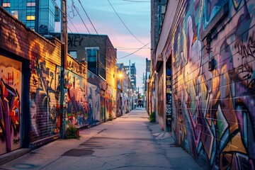 Naklejka premium Twilight Harmony in an Urban Street Art Corridor – Picture a narrow street transformed into an art gallery, where the walls are canvas to a symphony of vibrant street art.