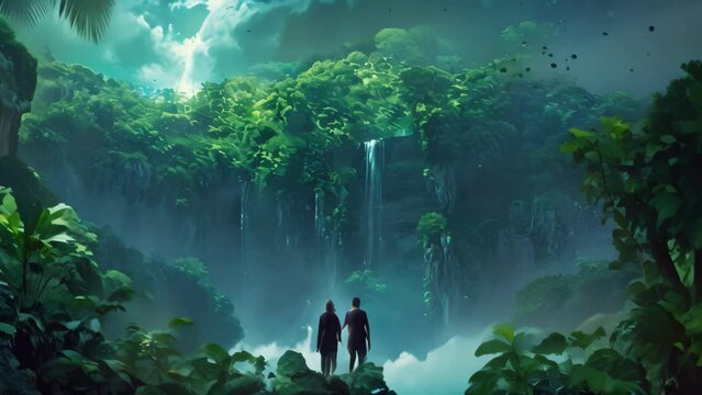 Two individuals standing amidst the lush green foliage of a dense jungle, Space travellers exploring an alien jungle