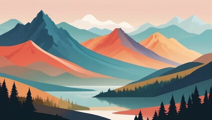 Minimalist illustration of a peaceful nature backdrop with abstract mountains and hills, color palette adjusted.