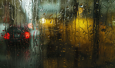 Rain streaked window with nighttime cityscape