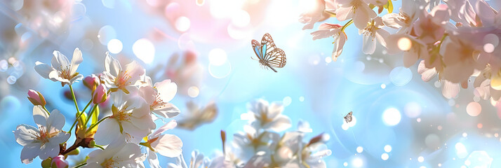 Abstract Spring Nature Background with Flowers, Butterflies, and Fresh Sky - Perfect for April,...