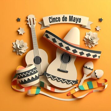 Cinco de Mayo is a holiday in Mexico. 3d illustration of cowboy sombrero hat, guitar, maracas, vector design illustration in a papercut style with Background design created with generative ai	