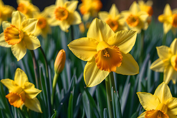 The garden is filled with bright daffodils.