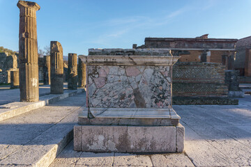 Detail view at the ruins of the Forum during golden hour at sunset, Pompeii, Campania, Italy