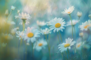 Field of daisies on blue background, a beautiful natural landscape