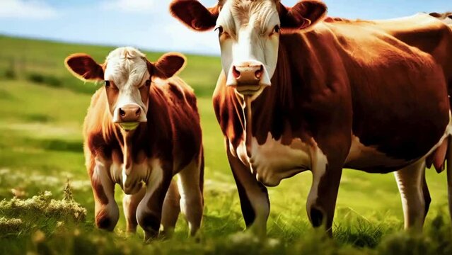  "(((Cow and Her Calf in the Pasture))) A serene and photorealistic scene capturing a cow and her calf in the peaceful pasture, showcasing the gentle bond between the mother cow and her young offsprin
