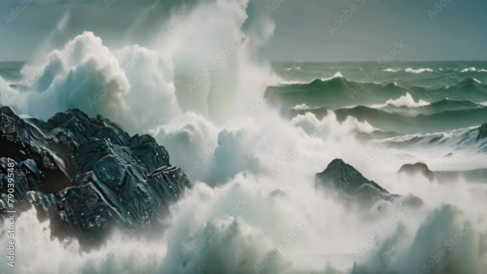 Wall mural A massive wave crashes forcefully against a rugged formation of rocks in the ocean, Stormy sea with waves crashing over rocks - Wall murals