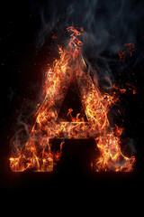 Fire font alphabet A made of burning fire letter on black background