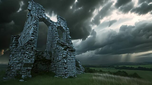 A photo of a stone building beneath a very dark sky with clouds, Storm clouds looming ominously over a medieval castle ruin