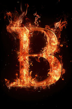 Fire font alphabet B made of burning fire letter on black background