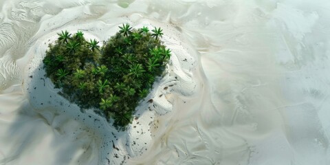 Aerial View of Heart-Shaped Oasis in the Desert, by Satellite or Drone, White Sand and Green Palms
