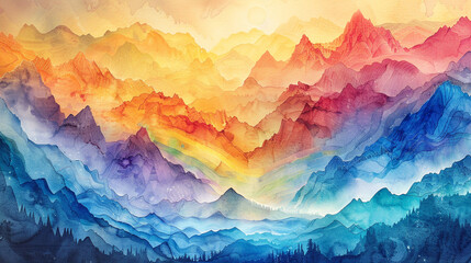 Surreal landscapes emerge as abstract watercolor rainbows cascade over mystical mountains, imbuing the horizon with the vibrant essence of dreamlike realms. 