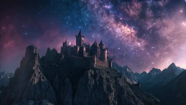 A majestic castle sits on the peak of a mountain, illuminated by the enchanting glow of the night sky, A fairy tale castle surrounded by mountains and sky full of stars
