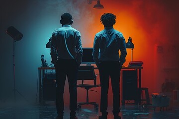 Two men in a dark room share fun performing arts on a computer