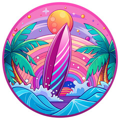 A pink surfboard dominates the center of a circular design, which is flanked by ornate waves and under a radiant sun