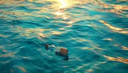 An early morning view of a crystal-clear blue ocean, with the golden sunrise reflecting off the water. A solitary glass bottle,