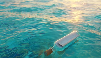 An early morning view of a crystal-clear blue ocean, with the golden sunrise reflecting off the water. A solitary glass bottle, - obrazy, fototapety, plakaty