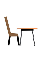 A wooden chair is sitting in front of a wooden table