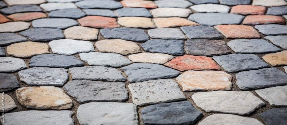 Poster close-up cobblestone floor with red and white stripe
