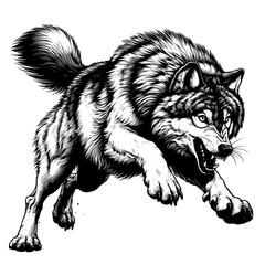 Full-length Timber Wolf attacking. Hand Drawn Pen and Ink. Vector Isolated in White. Engraving vintage style illustration for print, tattoo, t-shirt, sticker	