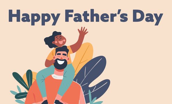 Father with daughter. Happy Father's Day congratulations card. Greeting June holiday poster, banner for sale promotion, marketing, advertising, celebration gift illustration. Flat style.