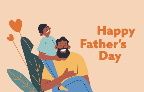 Father with son. Happy Father's Day congratulations card. Greeting June holiday poster, banner for sale promotion, marketing, advertising, celebration gift illustration. Flat style.