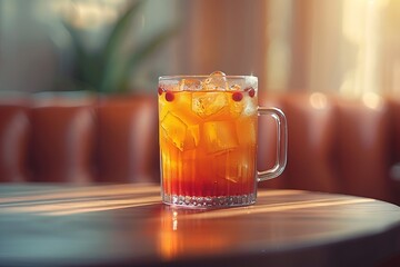 Cognac highball glass with iced tea, cranberries, and orange on table
