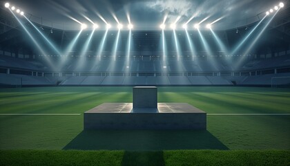 Under the glow of spotlight beams, a solitary, elegantly designed podium stands at the center of a...