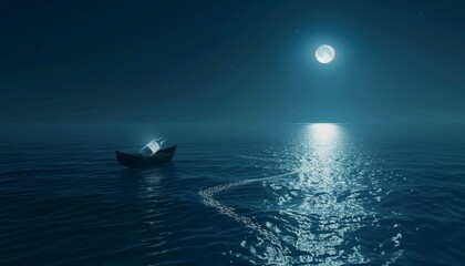 Under the glowing moonlight, a single glass bottle with a visible message inside floats on the calm, midnight blue sea.