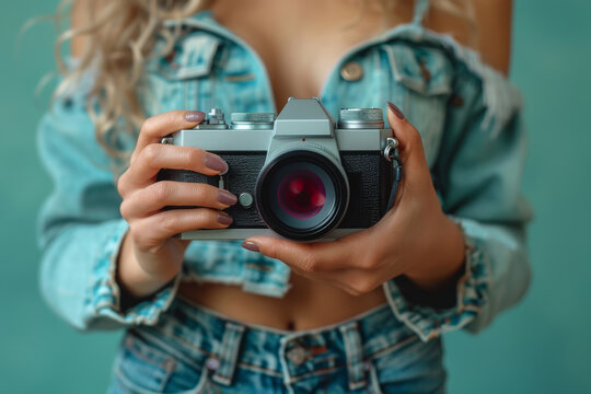 Hands, retro camera and photography with studio, closeup and creative hobby with lens. Woman, photographer and vintage aesthetic for fashion newspaper, photoshoot or journalist for online art blog