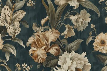 An exquisitely designed wallpaper pattern featuring a diverse array of stylized flowers in a vintage palette of colors. This image showcases detailed illustrations of blooms and foliage against a deep