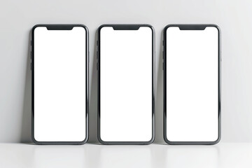Set of smartphones with white blank screens mockup on white background. Three smartphones business infographic mockups of web site or design app.
