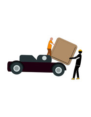 Two men are lifting boxes into a carrier truck