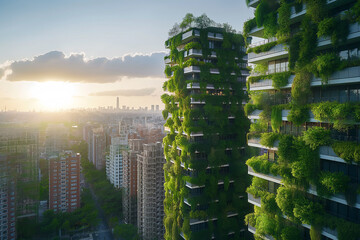 A city skyline with two tall buildings covered in green plants. The buildings are surrounded by trees and the sky is blue