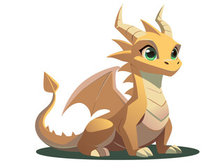  A cute baby yellow dragon with green eyes, sitting on its back legs.