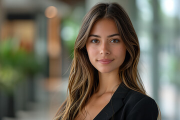 Fototapeta premium A Latina woman with long brown hair smiles at the camera. She is wearing a black jacket and standing in front of a green plant.