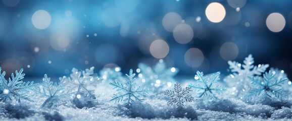 Fototapeta na wymiar Snowflakes On Snow With Bokeh Of Christmas. AI-Generated Image