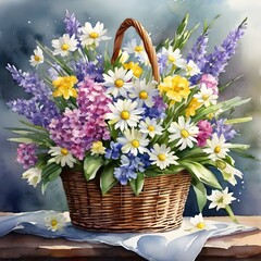 A vibrant basket filled with spring flowers, creating a colorful and lively painting