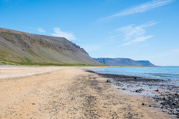 The sand beach of Bardastrond in Breidafjordur in Iceland
