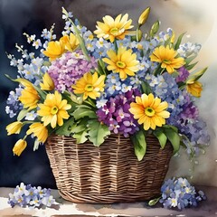 A vibrant basket filled with spring flowers, creating a colorful and lively painting