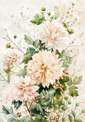 Background, watercolor, white flowers, leaves, space