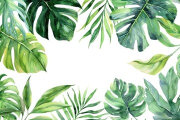 Watercolor branches and leaves of tropical plants. Natural green background with space for text. Watercolor leaves.