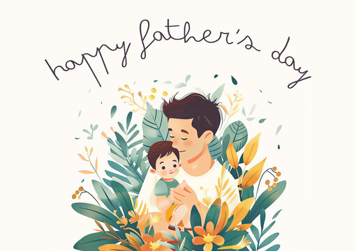 Father with cute toddler son. Happy Father's Day congratulations card. Greeting June holiday poster, banner for sale promotion, marketing, advertising, celebration gift illustration. Flat style.