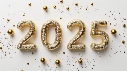 Foto op Canvas Happy New Year background with 2025 shiny golden numbers and confetti, glitter isolated on white background. Festive celebration banner © eireenz