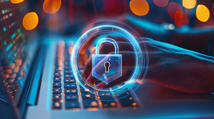 Digital glowing padlock icon over hand typing on a laptop. Cyber security and privacy protection concept.