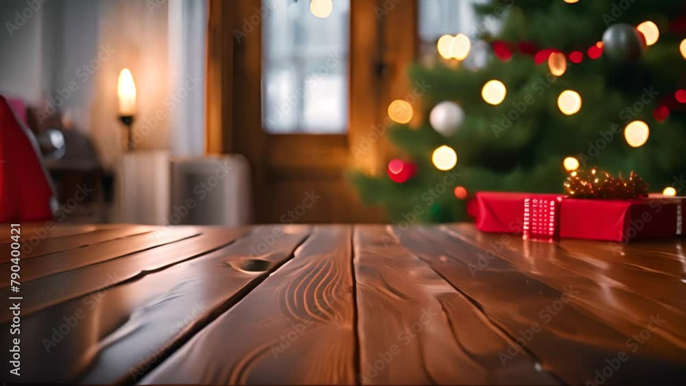 Poster wooden table with christmas tree in background generative ai