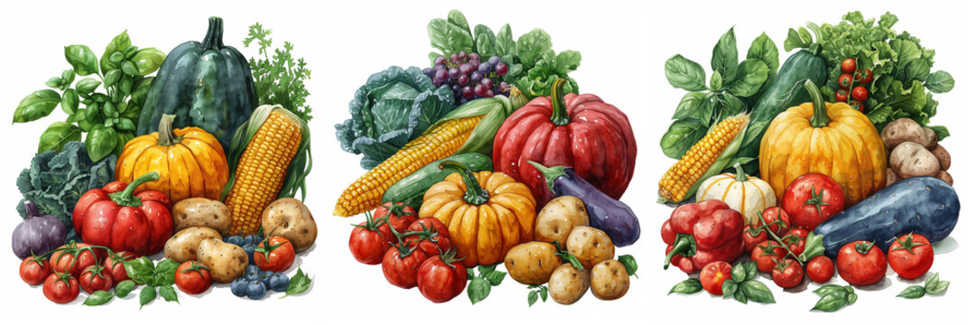 Fresh watercolor veggies. Organic vegetables, harvest pile, watercolor pumpkin, cabbage, pepper, onion and zucchini hand drawn illustration set. Tasty organic vegetarian food
