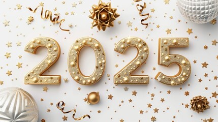 Happy New Year background with 2025 shiny golden numbers and confetti, glitter isolated on white background. Festive celebration banner