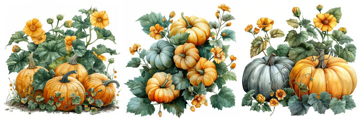 Watercolor autumn floral pumpkins. Beautiful fall season Thanksgiving design, beautiful pumpkins with flowers hand drawn illustration set. Cartoon seasonal harvest posters